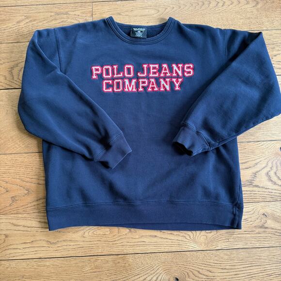 VNTG Polo Jeans Company Spell Out Sweatshirt SZ M Navy Y2K Classic Casual Preppy - Picture 1 of 8